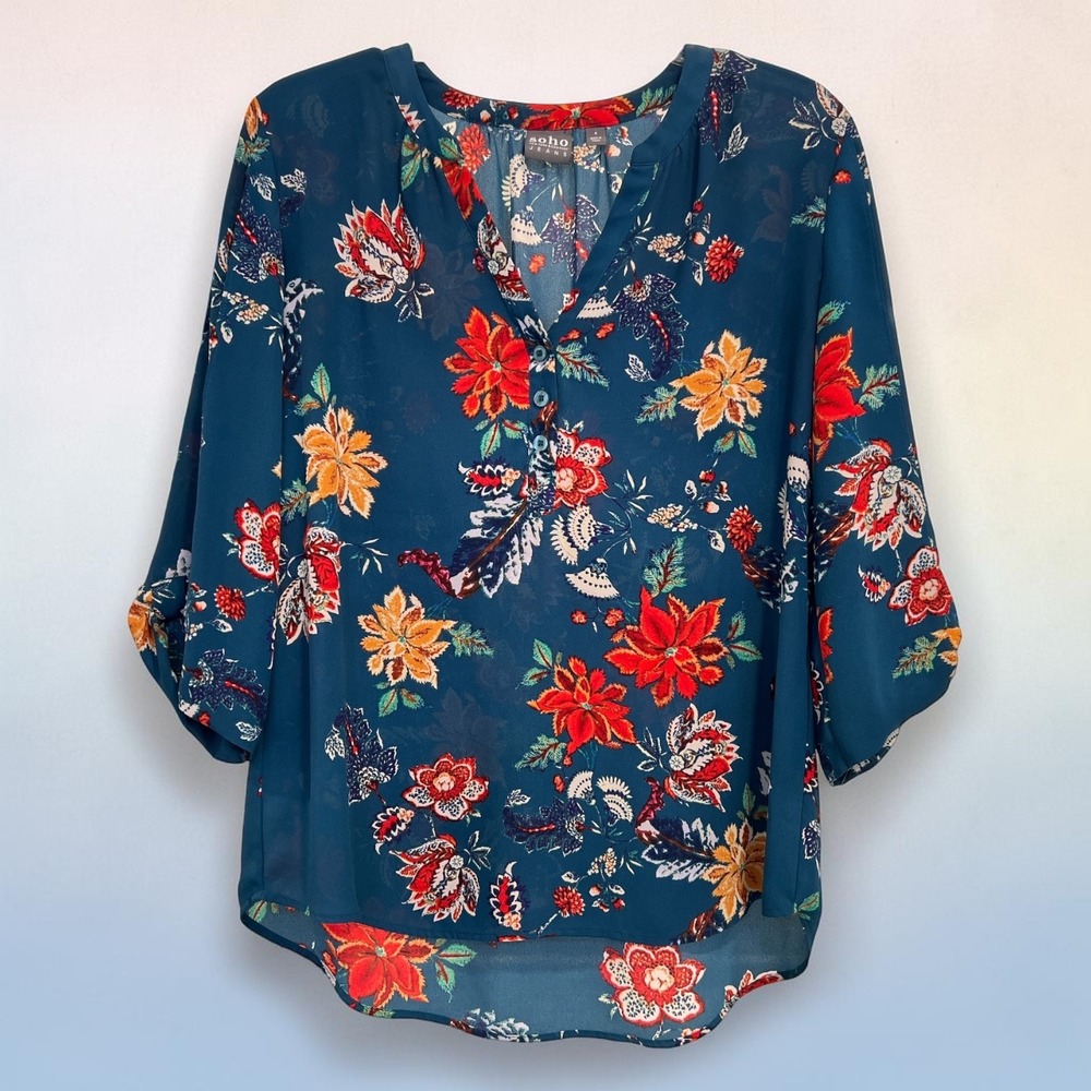 Boho Botanical Floral Gardens Jewel Tone Teal Blouse Lightweight S Cottagecore